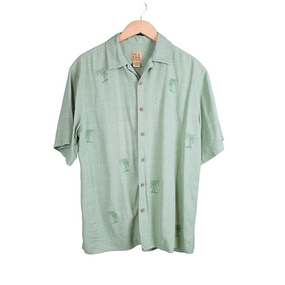 Jos A Bank Palm Tree Green Short Sleeve Button Down Shirt Size Medium Silk - Picture 1 of 7